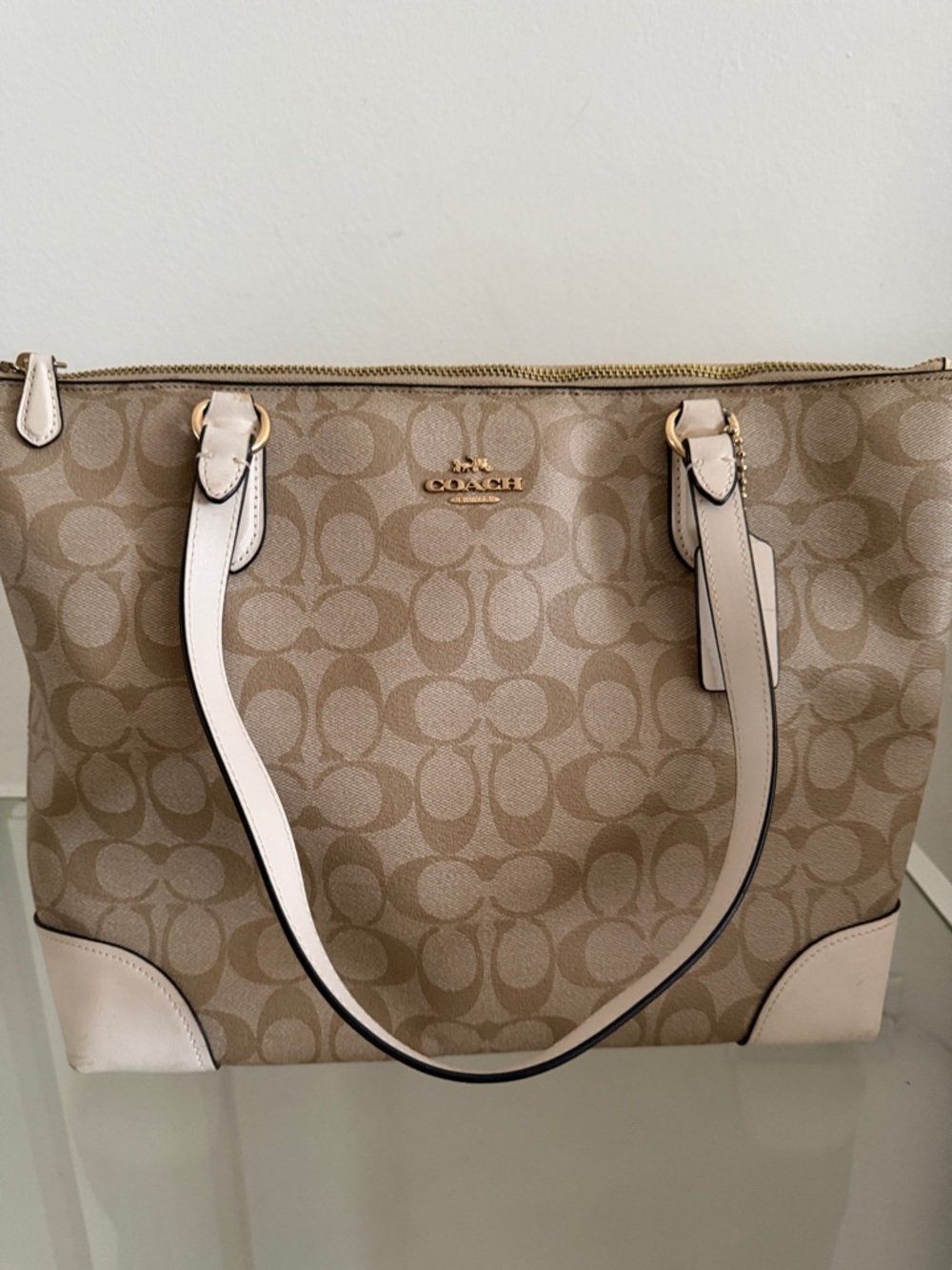 Coach Beige Signature Canvas Tote with Cream Trim